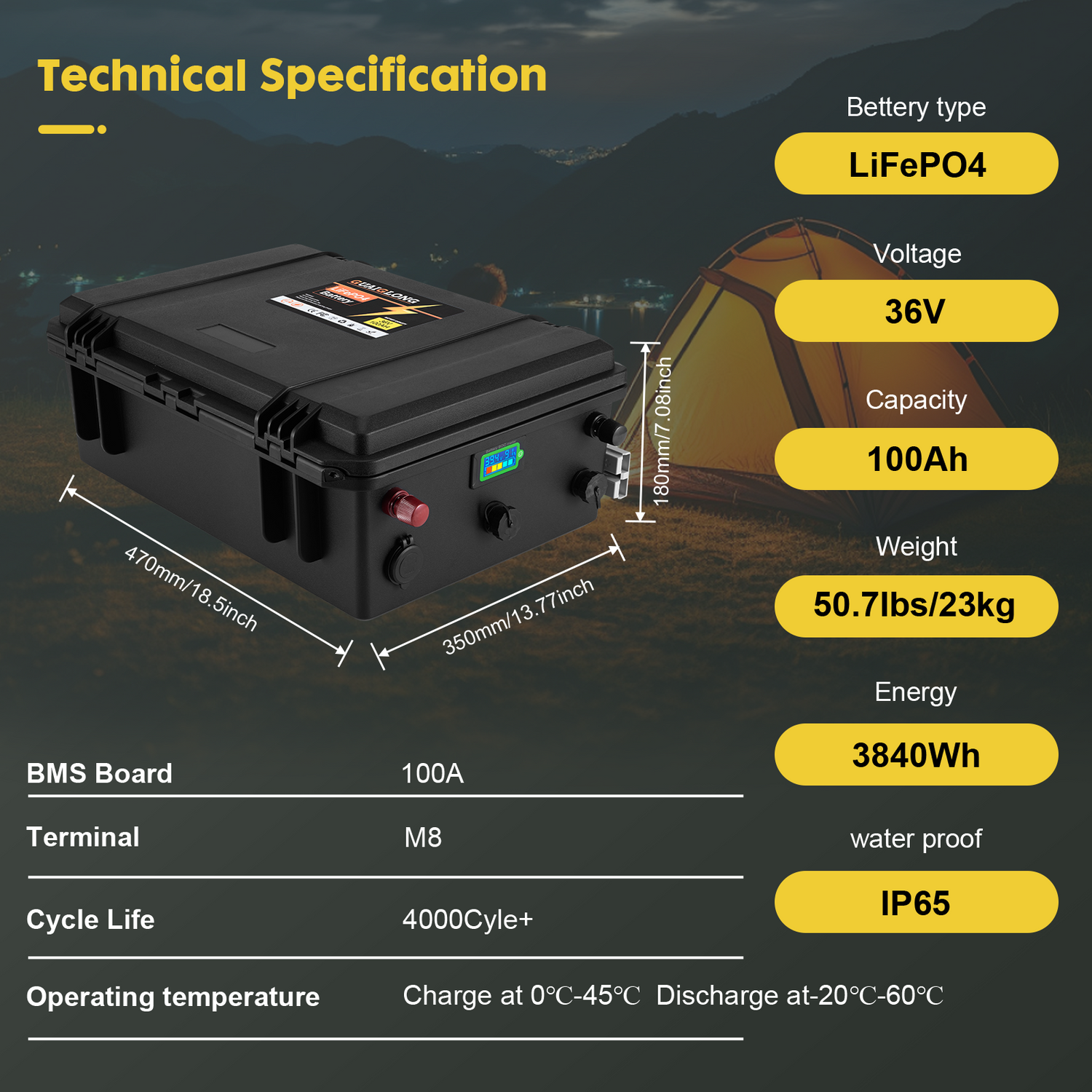 GuaiGLong 36V 100Ah Lithium Golf Cart Battery, 120A BMS, 3840Wh Energy
