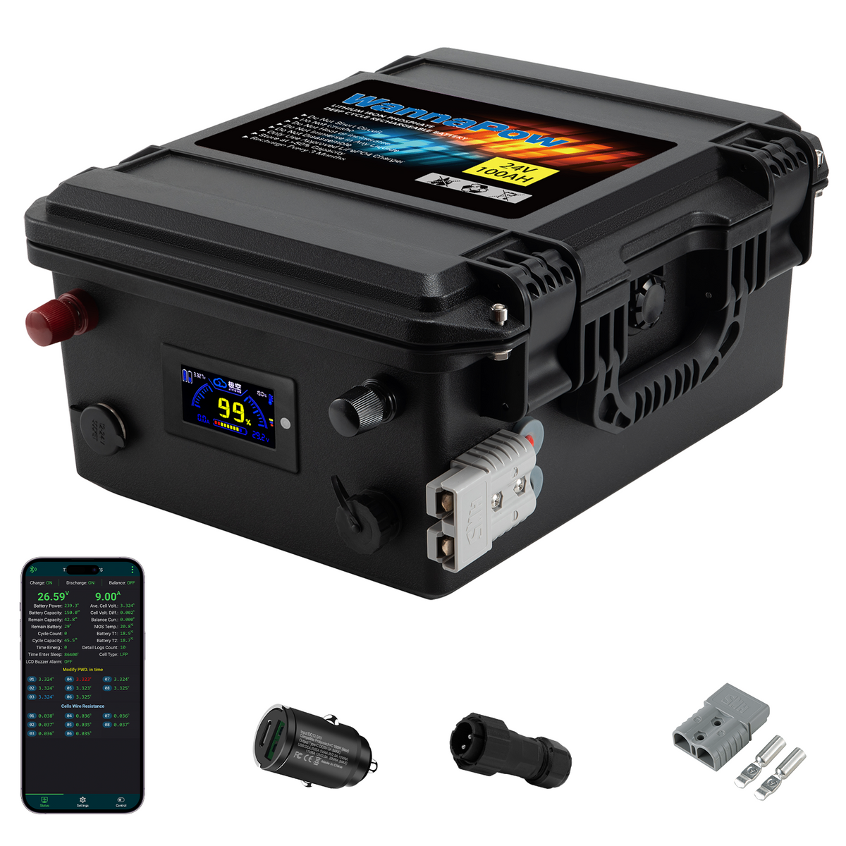 24V 100AH LiFePO4 Battery,100A BMS,Marine Battery