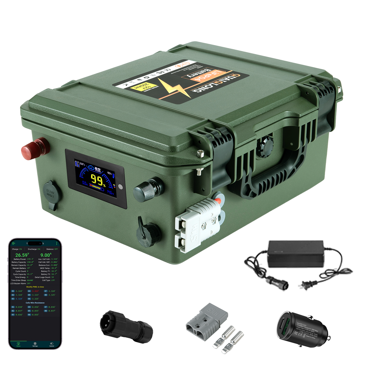 12V 200Ah Bluetooth LiFePO4 Lithium Battery, 200A BMS, Deep Cycle Battery