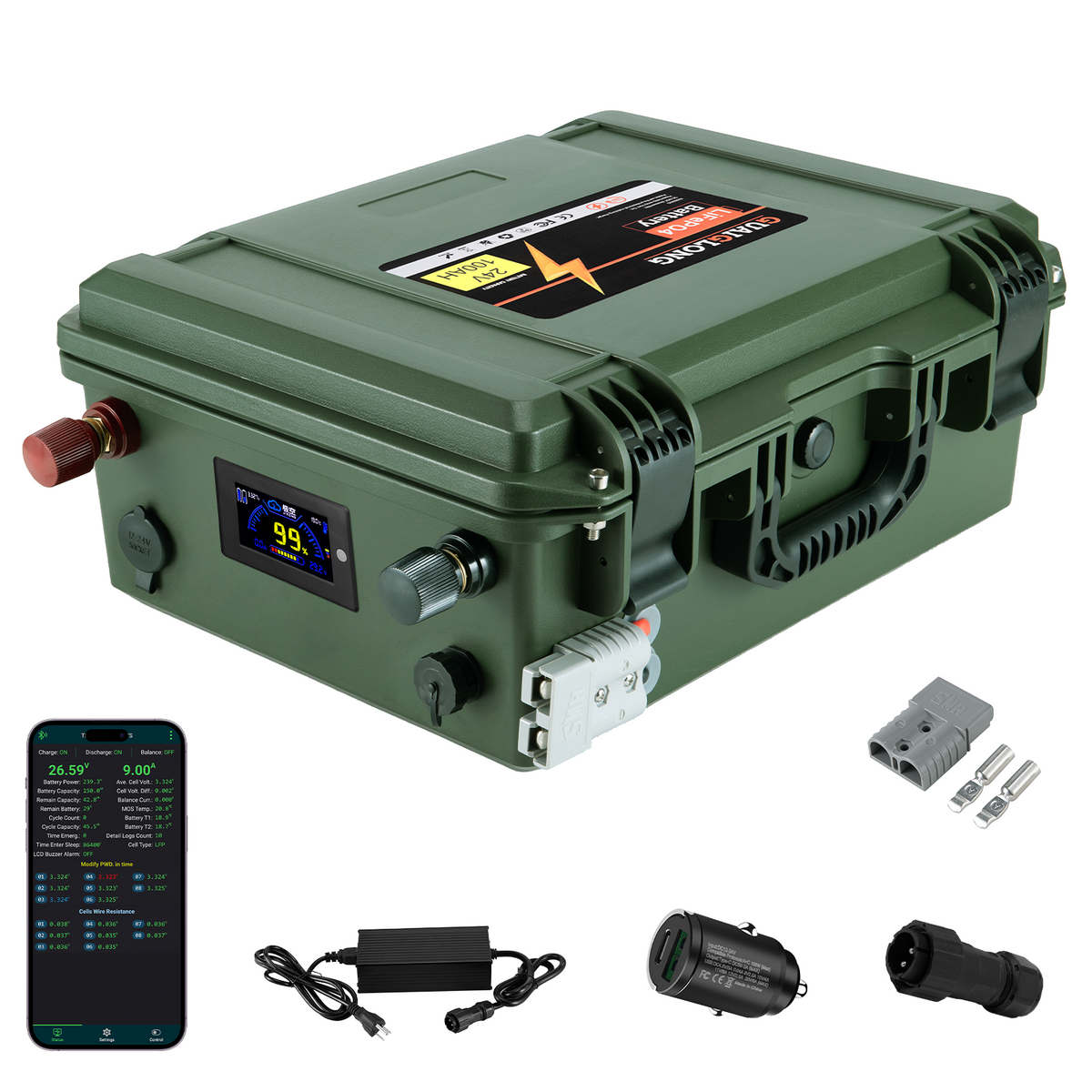 24V 100Ah Bluetooth LiFePO4 Lithium Battery, 100A BMS,2560Wh Energy