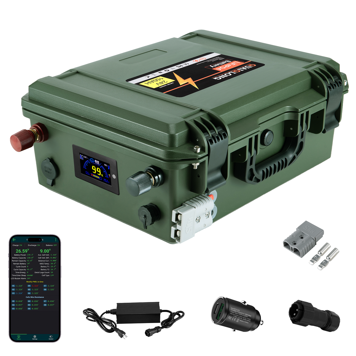 24V 150Ah Bluetooth LiFePO4 Lithium Battery, 200A BMS, Max.5120W