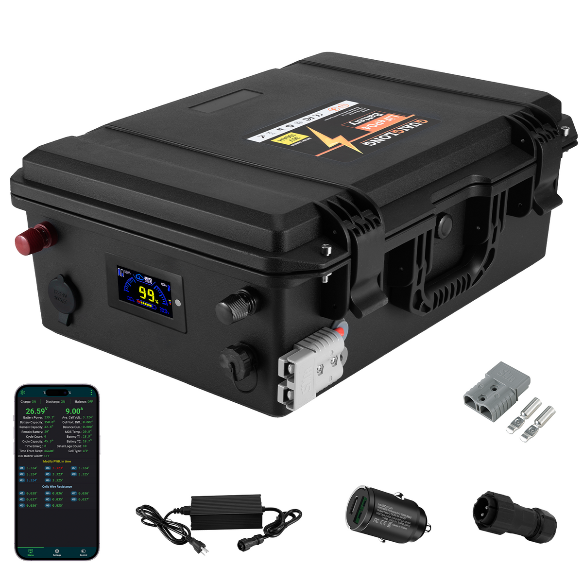 36V 100Ah Bluetooth LiFePO4 Battery,100A BMS,3840Wh Energy