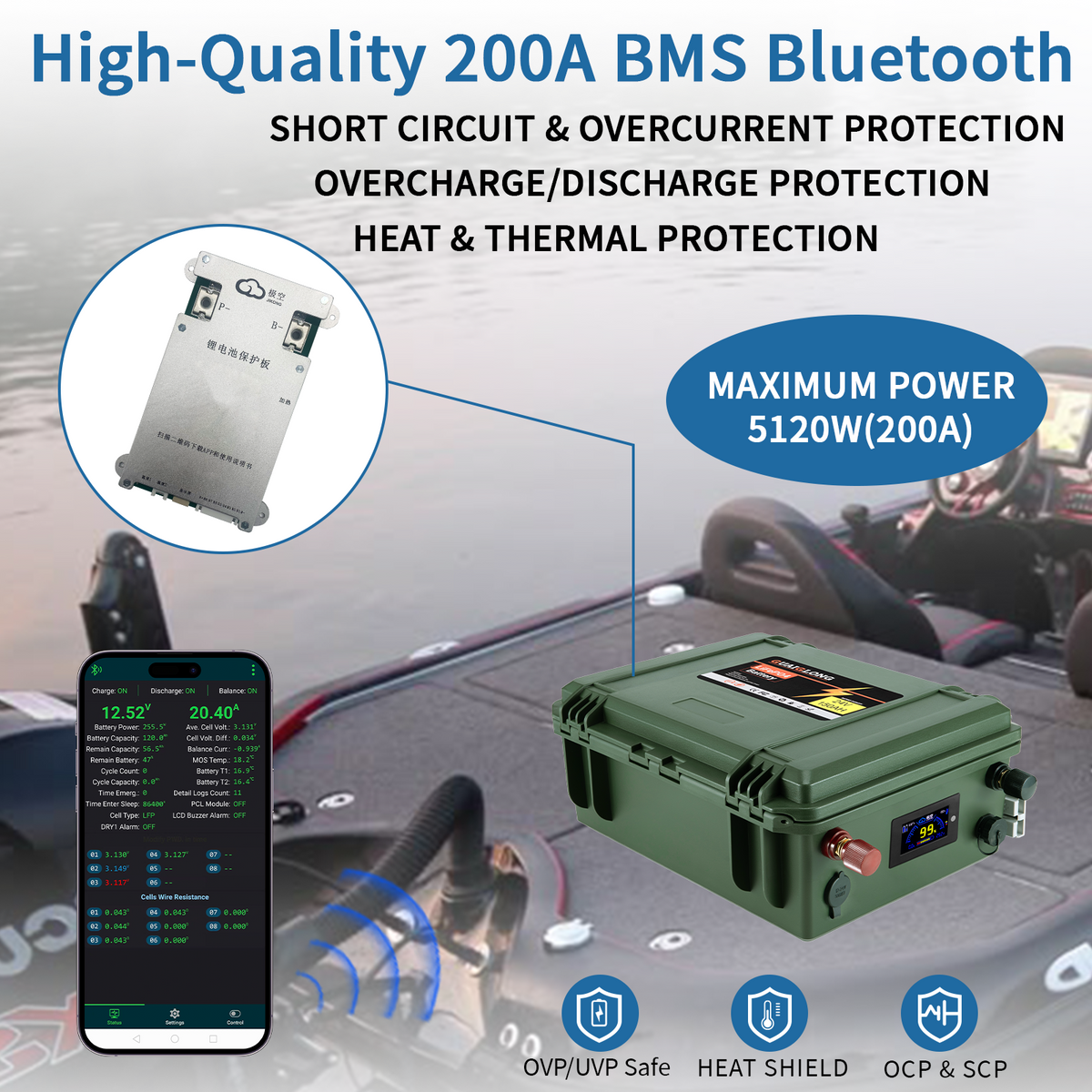 24V 150Ah Bluetooth LiFePO4 Lithium Battery, 200A BMS, Max.5120W