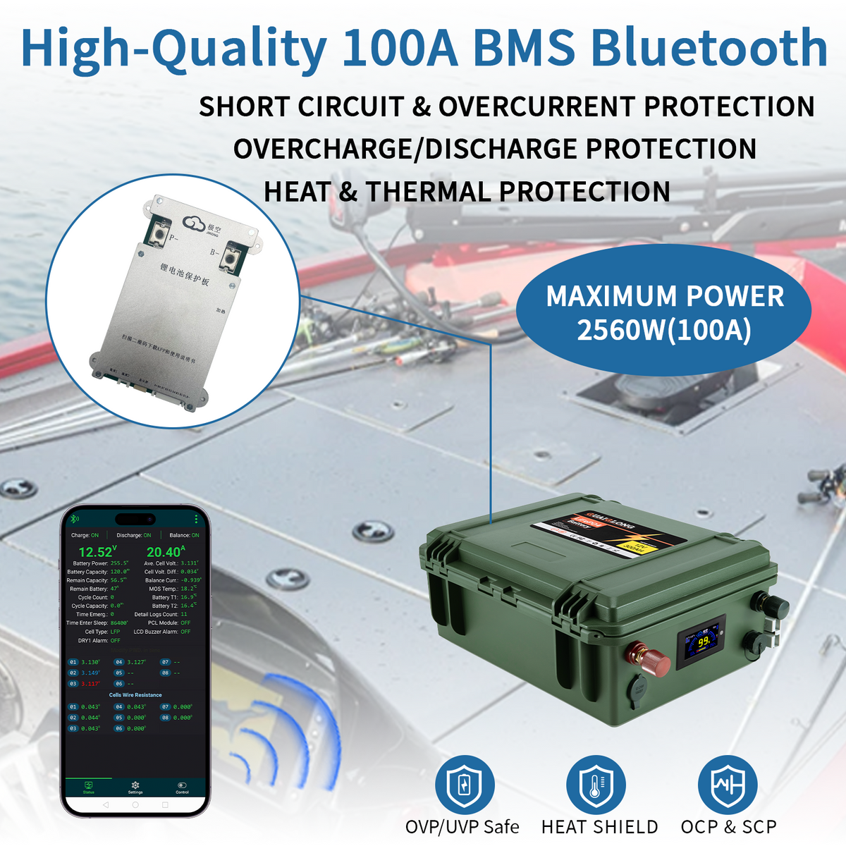 24V 100Ah Bluetooth LiFePO4 Lithium Battery, 100A BMS,2560Wh Energy