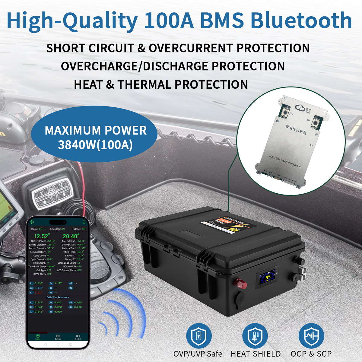 36V 100Ah Bluetooth LiFePO4 Battery,100A BMS,3840Wh Energy