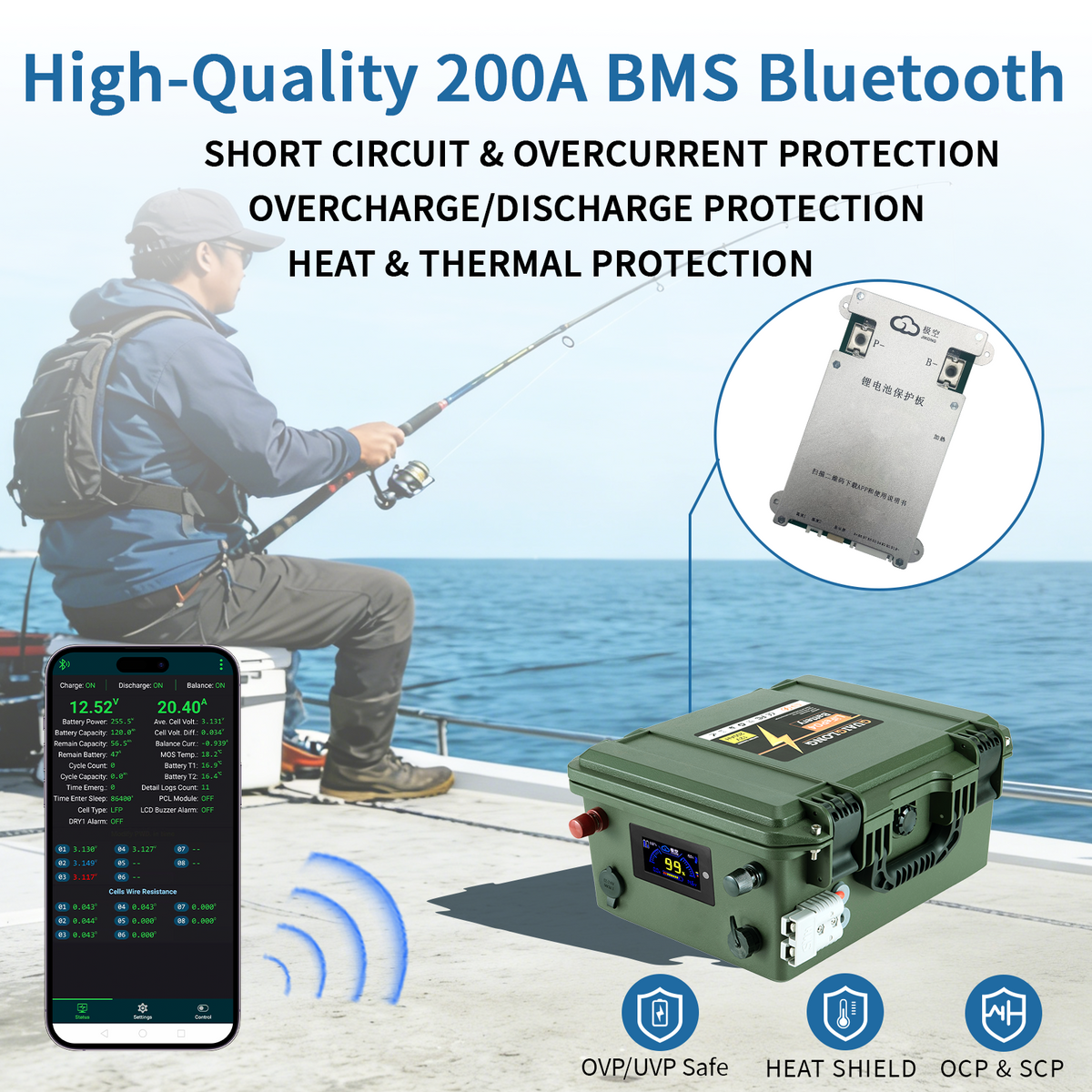 12V 200Ah Bluetooth LiFePO4 Lithium Battery, 200A BMS, Deep Cycle Battery