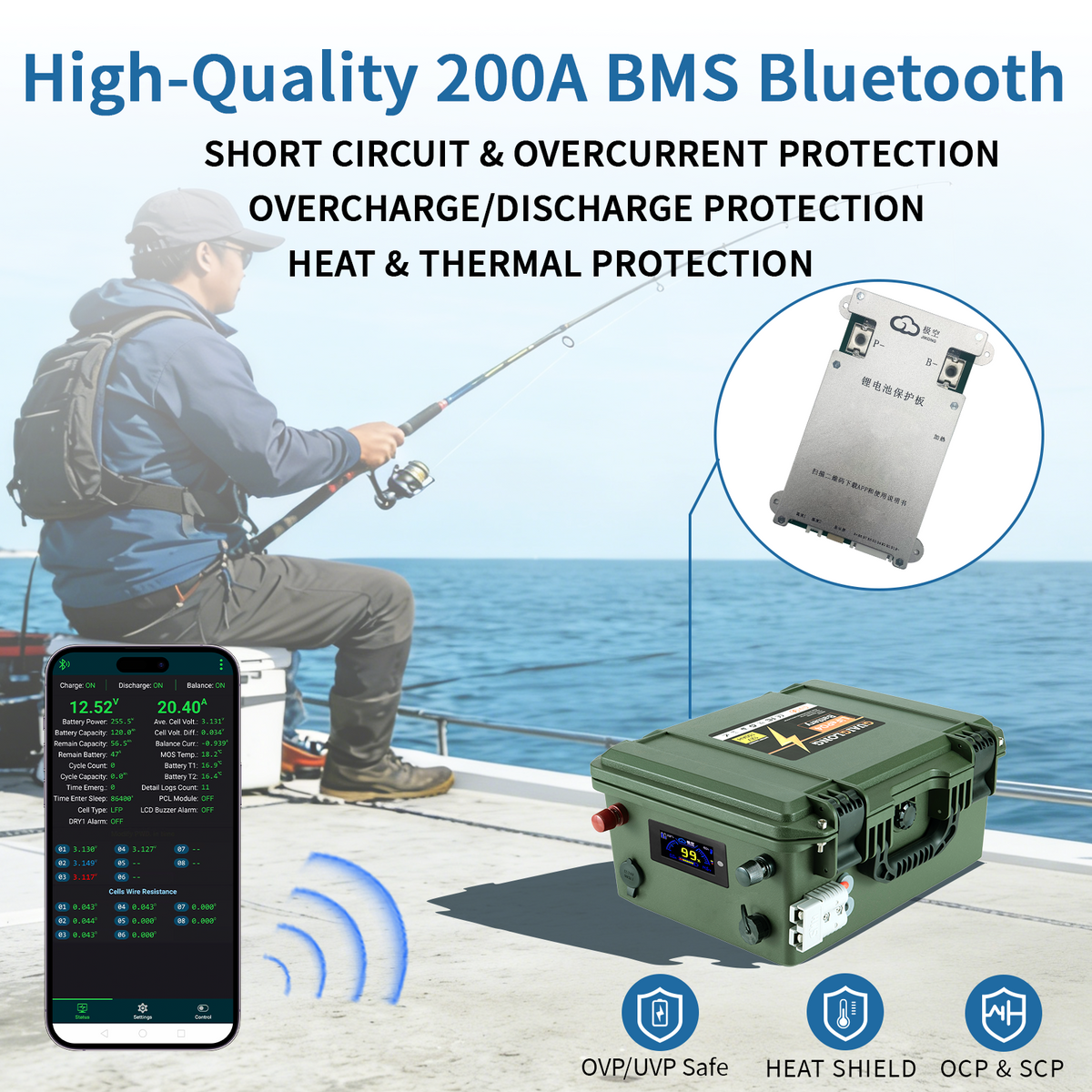 12V 300Ah Bluetooth LiFePO4 Lithium Battery,200A BMS, 3840Wh Energy
